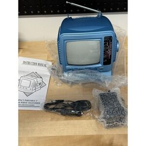New TV Radio‎ Receiver Miniature Black White TV Radio AM FM Teal With Box